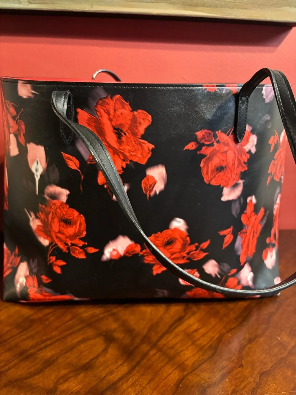 Victoria's Secret Black Tote, Overnight bag with Red Floral Print.🌹